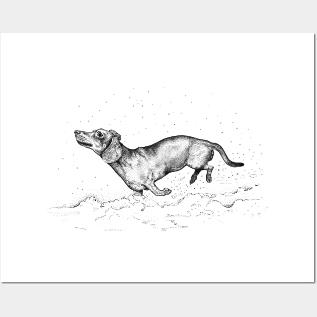 Dachshund, dog lover, daschund in the snow, doggy present, sausage dog Wall Art by WhileIWonder